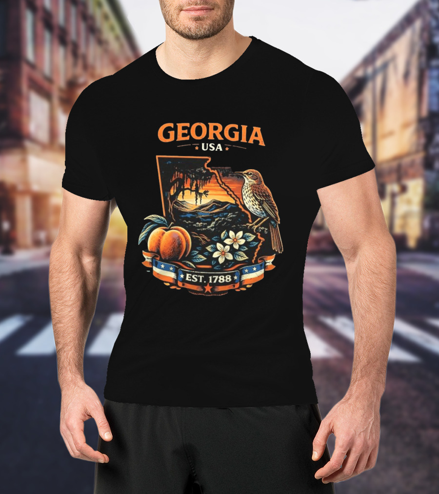 Georgia USA Established 1788 Peach Bird Landscape T-Shirt