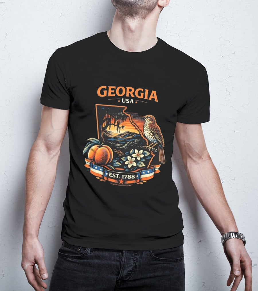 Georgia USA Established 1788 Peach Bird Landscape T-Shirt