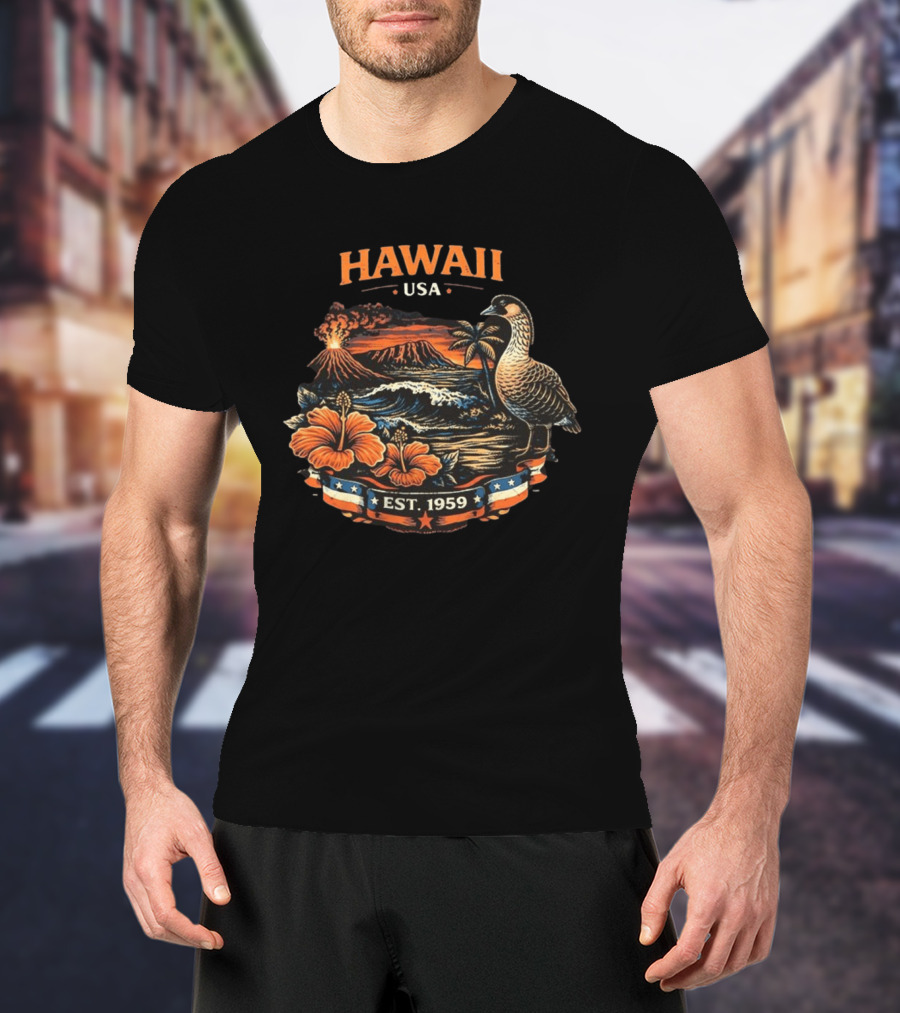 Hawaii USA Est 1959 Volcano Nene Bird Hibiscus T-Shirt