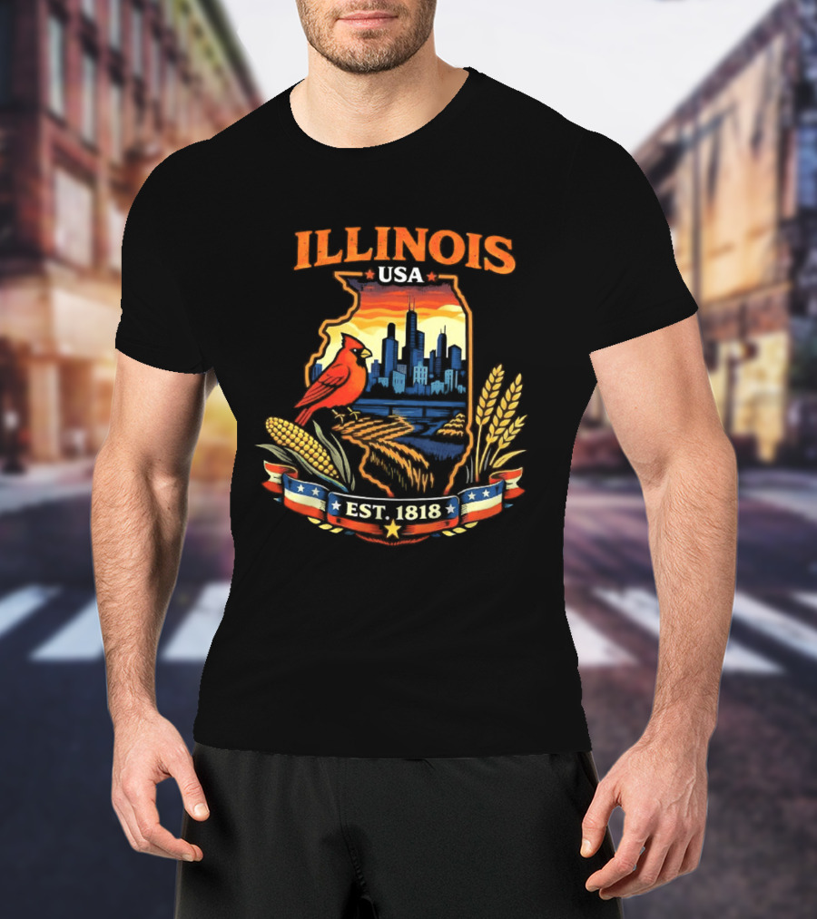 Illinois USA 1818 Cardinal Skyline Corn Wheat T-Shirt