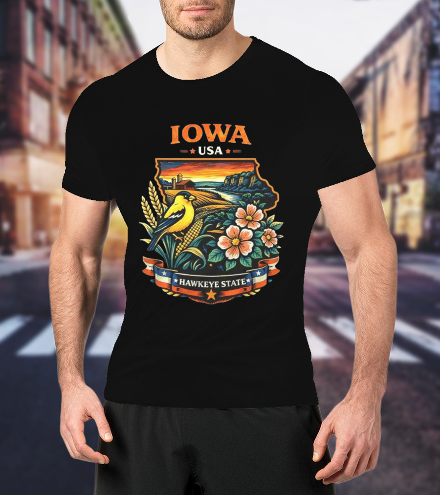 Iowa USA Hawkeye State Scenic Landscape With Bird And Flowers T-Shirt