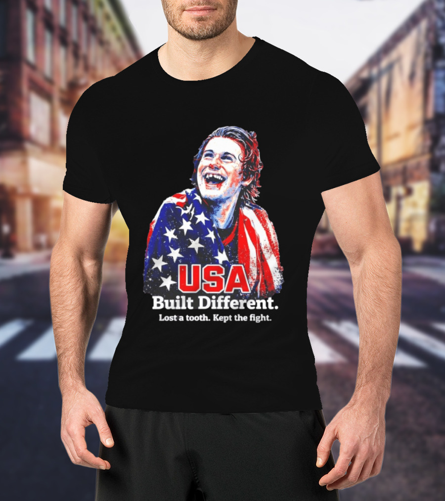 USA Gold Hockey Jack Hughes Built Different Lost A Tooth Kept The Fight T-Shirt
