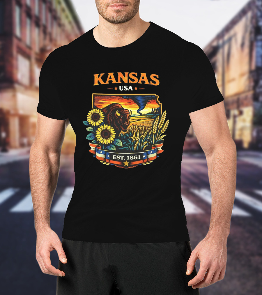 Kansas USA Buffalo Sunflowers Wheat Tornado Est 1861 T-Shirt