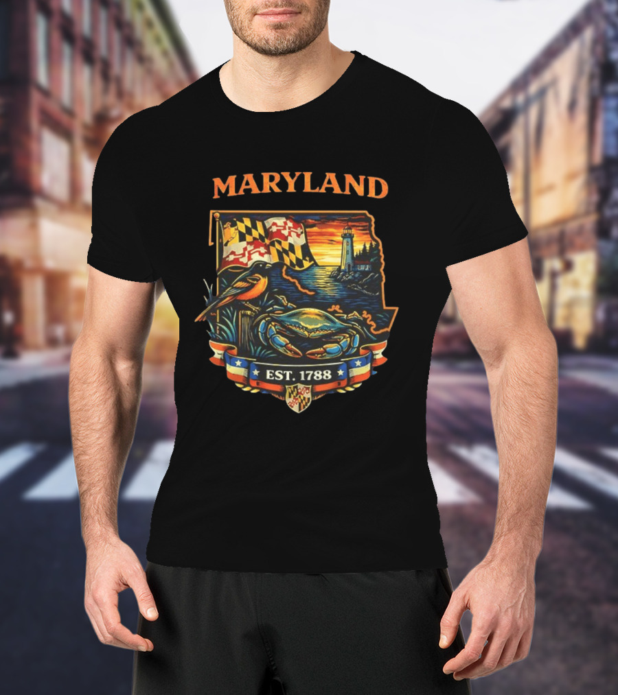Maryland Est 1788 Crab Lighthouse Scene With Flag And Bird T-Shirt