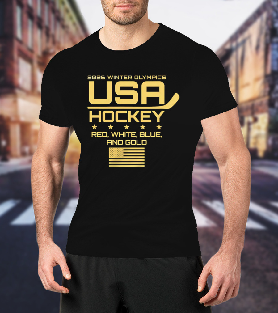USA Hockey 2026 Winter Olympics Red White Blue Gold Flag T-Shirt