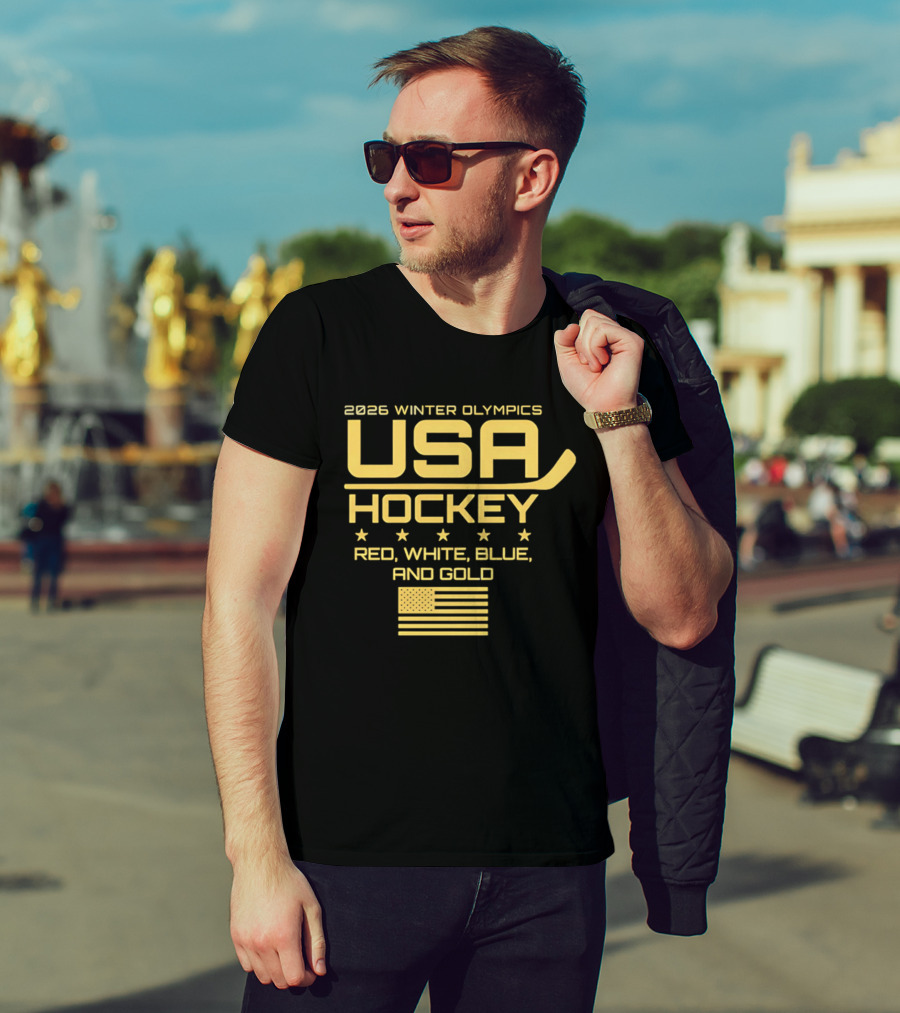 USA Hockey 2026 Winter Olympics Red White Blue Gold Flag T-Shirt