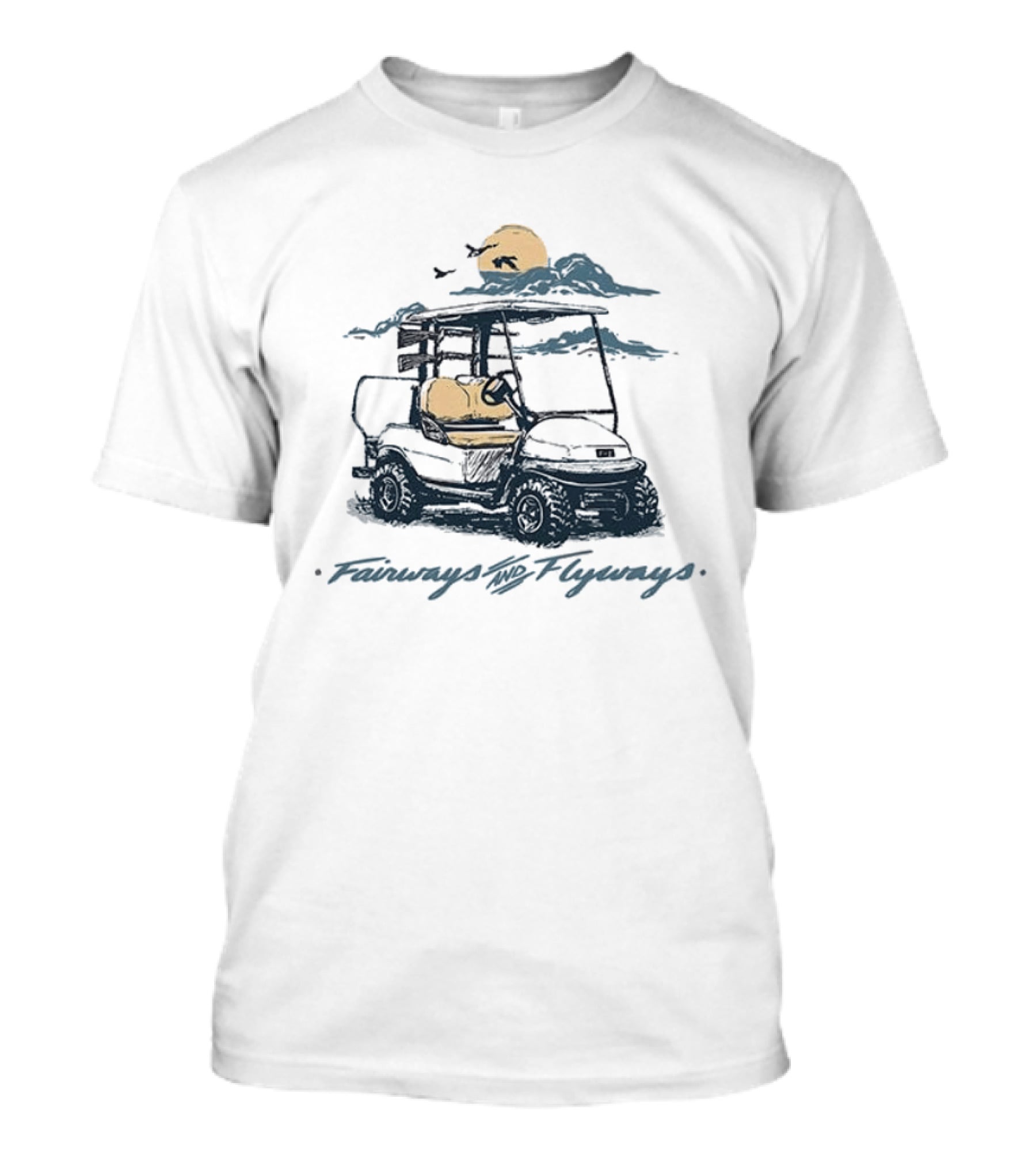 Fairways And Flyways Golf Cart Moonlit Clouds Birds T-Shirt