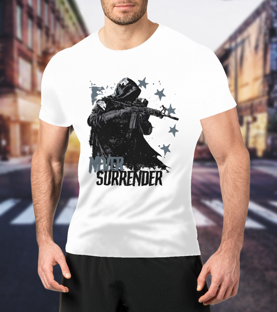 Never Surrender Reaper With Hooded Figure And Rifle T-Shirt