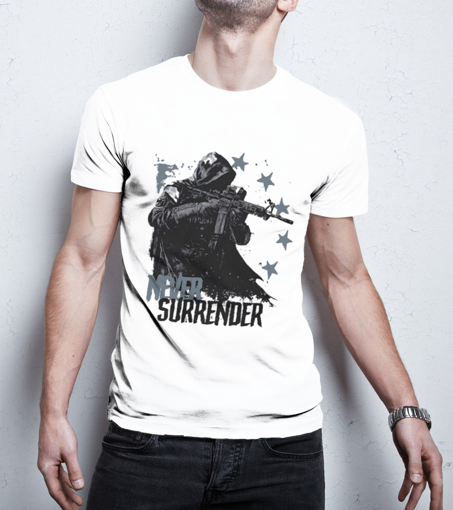 Never Surrender Reaper With Hooded Figure And Rifle T-Shirt