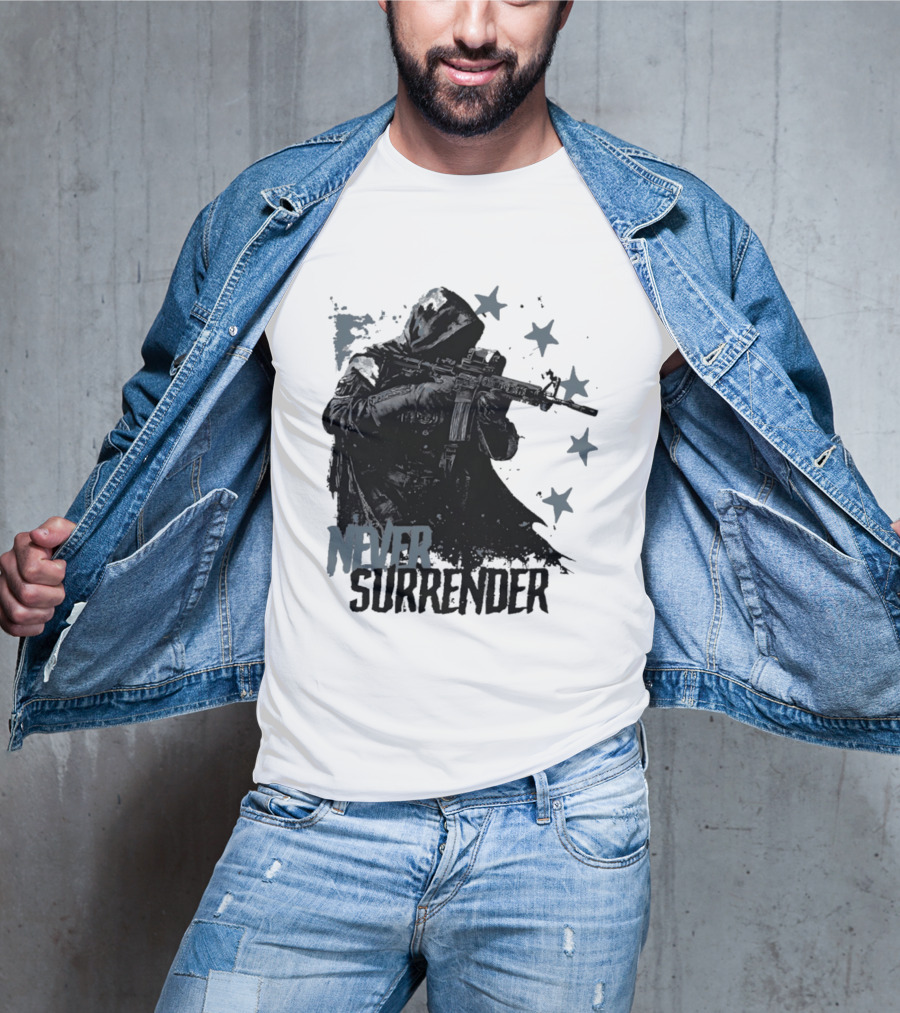 Never Surrender Reaper With Hooded Figure And Rifle T-Shirt