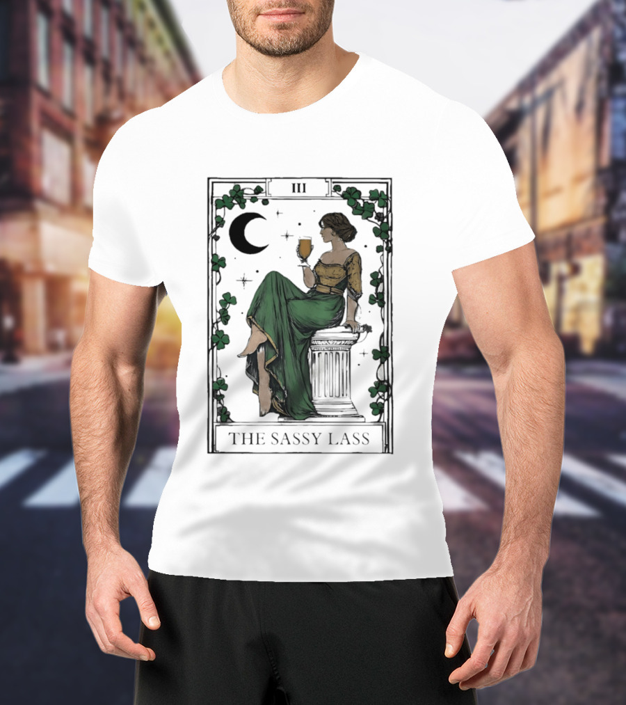 St Patrick's Day The Sassy Lass Tarot Card III Moon Clover T-Shirt