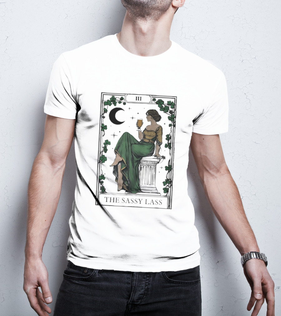 St Patrick's Day The Sassy Lass Tarot Card III Moon Clover T-Shirt