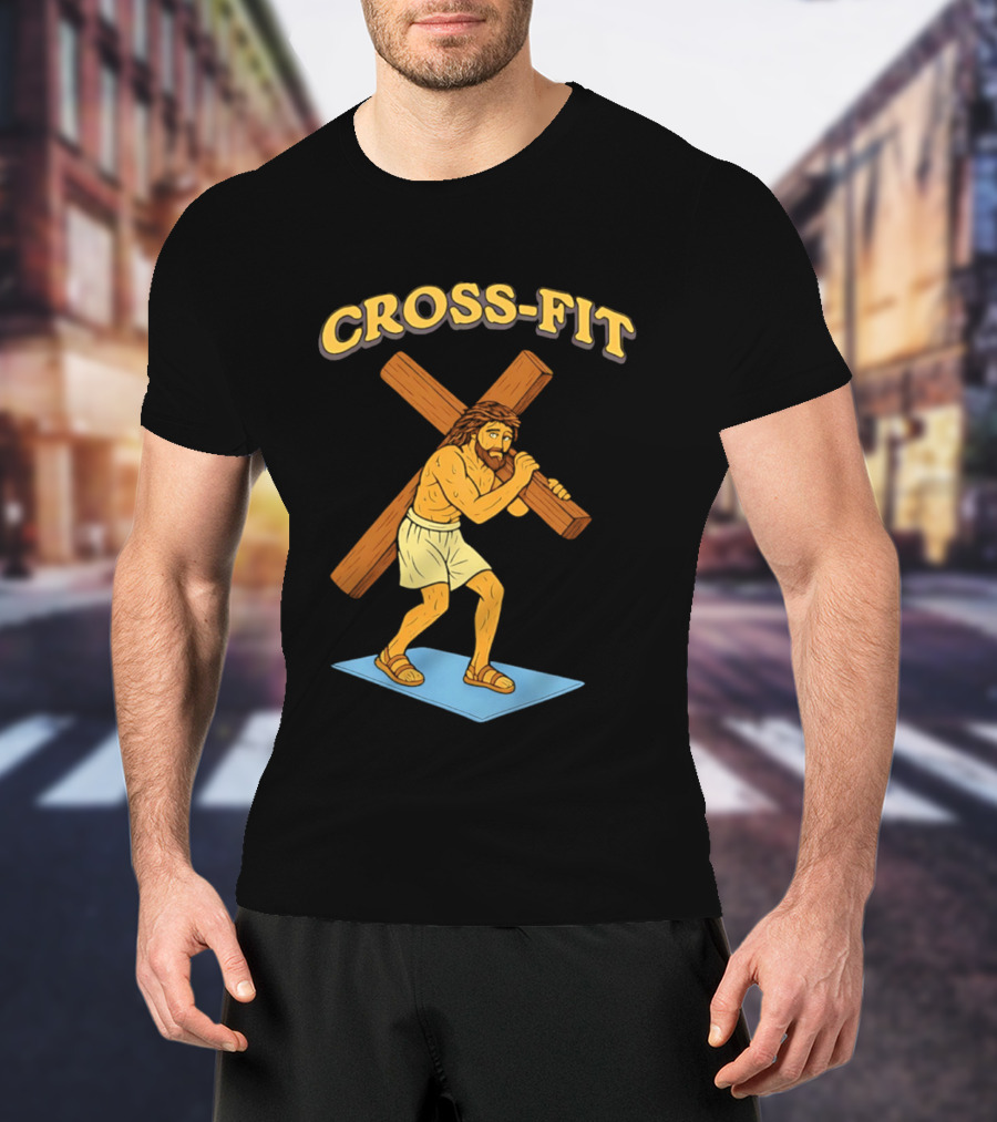 Cross Fit Jesus Cartoon Carrying Cross T-Shirt