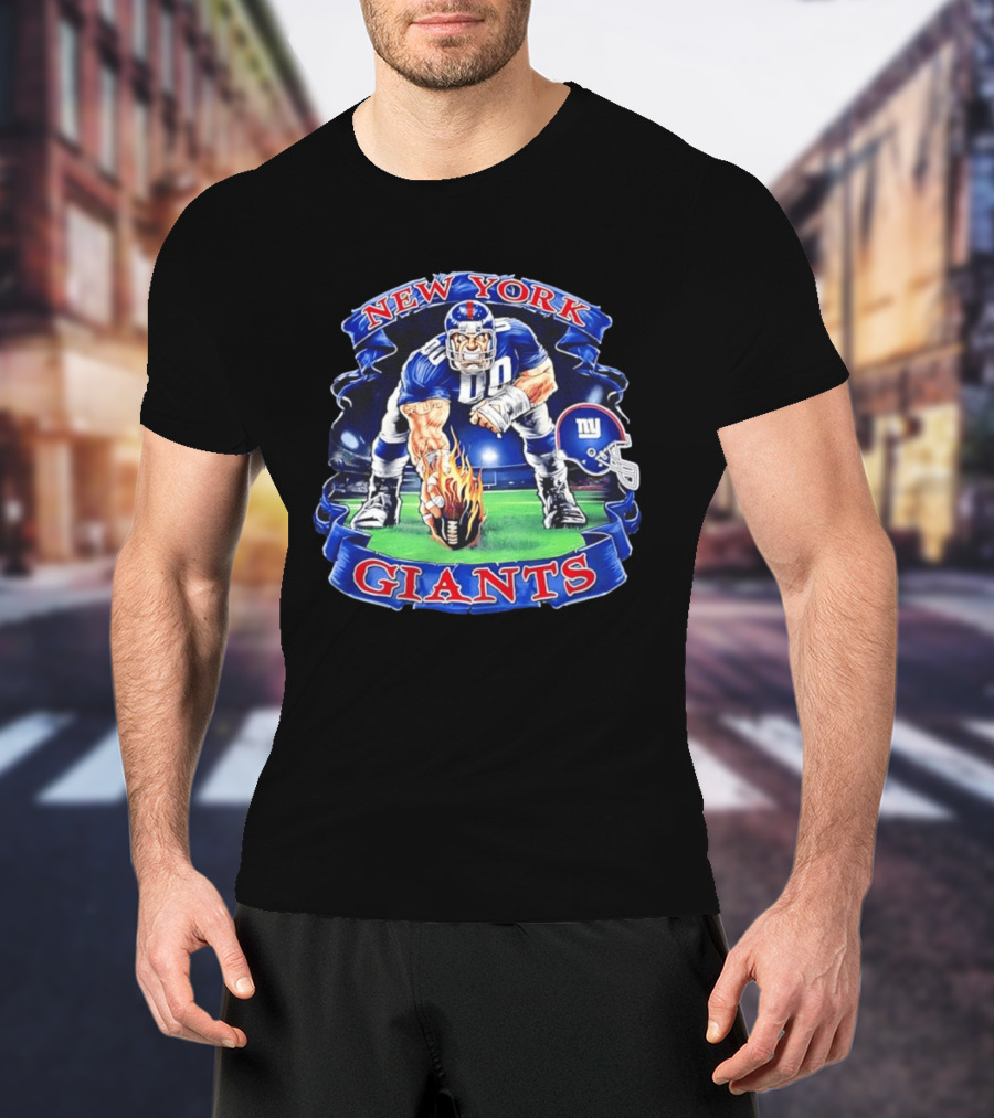 New York Giants Football Flame Helmet Player Action T-Shirt