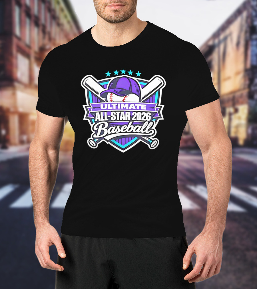 Ultimate All Star 2026 Baseball Purple Cap And Crossed Bats T-Shirt