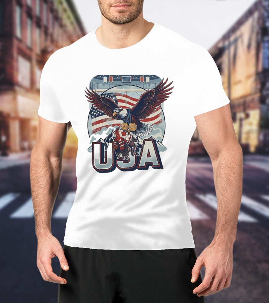 USA Hockey Eagle 1980 2026 American Flag Ice Rink T-Shirt