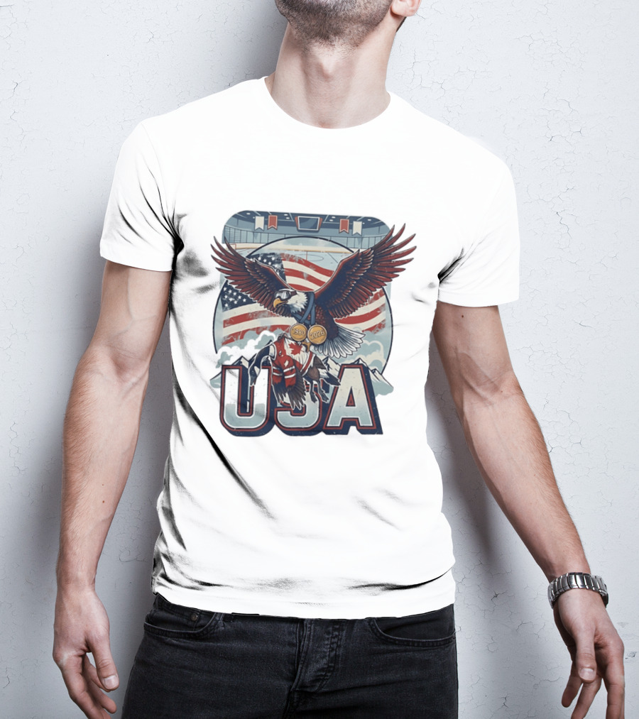USA Hockey Eagle 1980 2026 American Flag Ice Rink T-Shirt