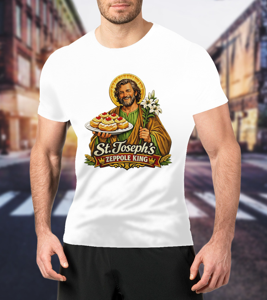 St Joseph's Zeppole King Saint Holding Tray With Flowers T-Shirt