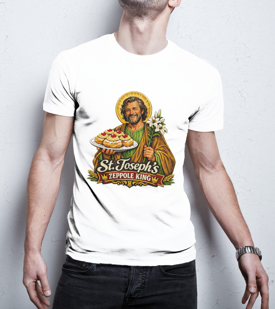 St Joseph's Zeppole King Saint Holding Tray With Flowers T-Shirt