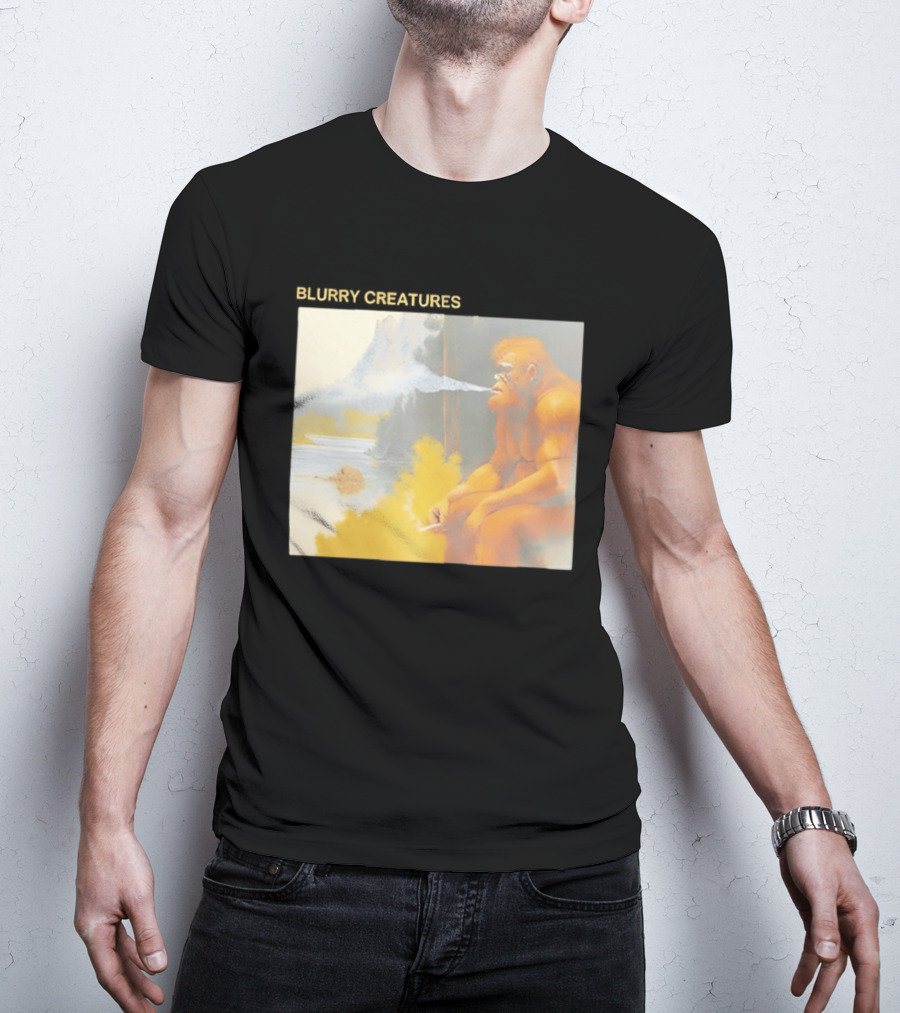 Bigfoot Blurry Creatures Smoking By Lake Mountain Scene T-Shirt