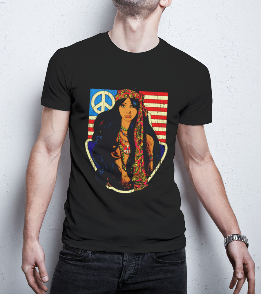 Peace Is Natural 1969 Bohemian Hippie Woman American Flag T-Shirt