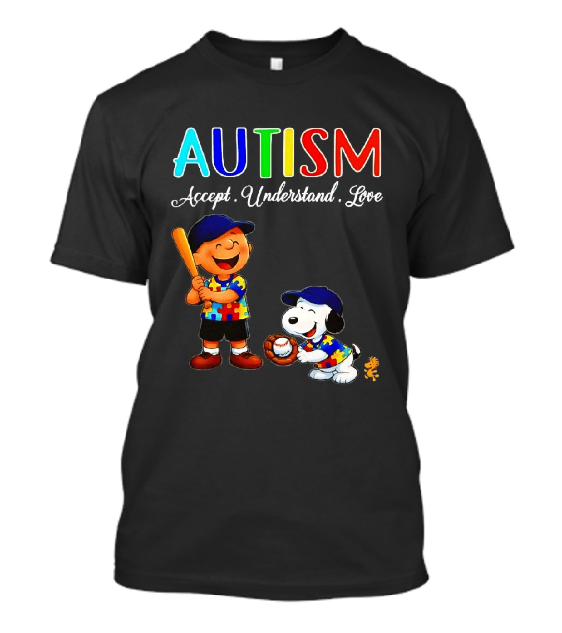 Charlie Brown Snoopy Peanuts Autism Accept Understand Love Baseball Puzzle T-Shirt