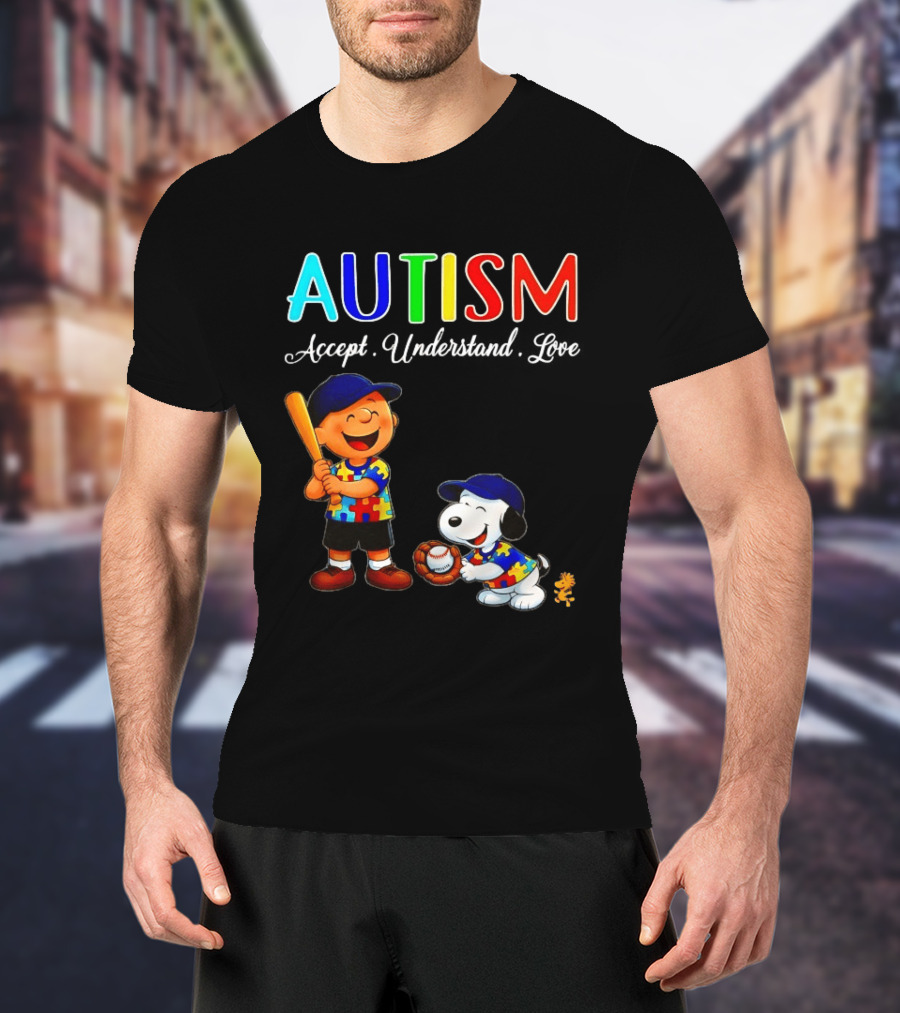 Charlie Brown Snoopy Peanuts Autism Accept Understand Love Baseball Puzzle T-Shirt