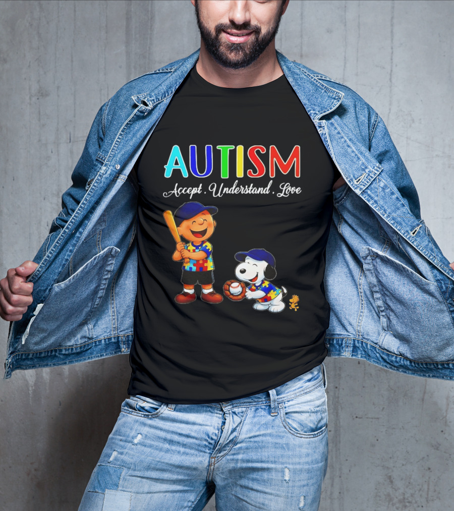 Charlie Brown Snoopy Peanuts Autism Accept Understand Love Baseball Puzzle T-Shirt