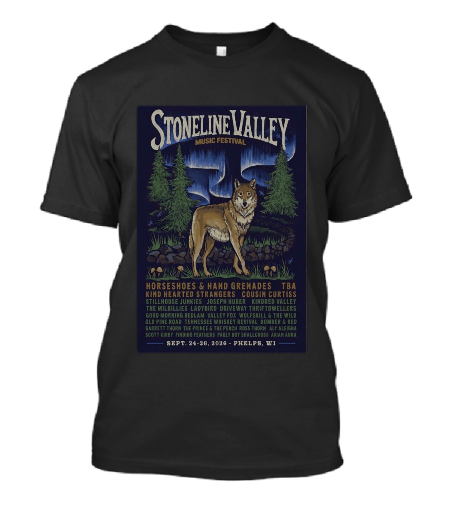 Stoneline Valley Music Festival Sept 24 26 2026 Phelps WI Horseshoes Hand Grenades Kind Hearted Strangers Cousin Curtiss T-Shirt
