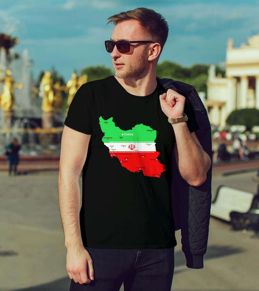Iran Map With Flag Tehran Tabriz Mashhad Esfahan Shiraz Yazd Cities T-Shirt
