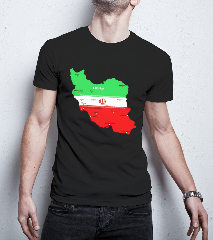 Iran Map With Flag Tehran Tabriz Mashhad Esfahan Shiraz Yazd Cities T-Shirt