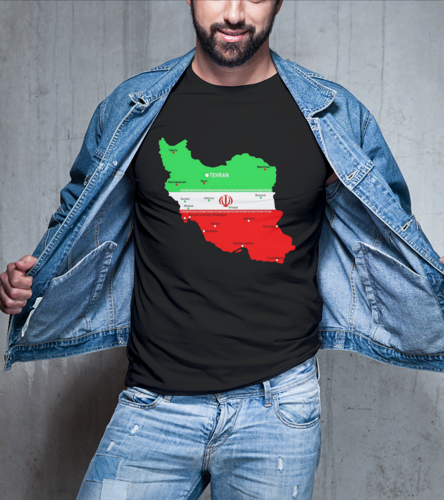 Iran Map With Flag Tehran Tabriz Mashhad Esfahan Shiraz Yazd Cities T-Shirt