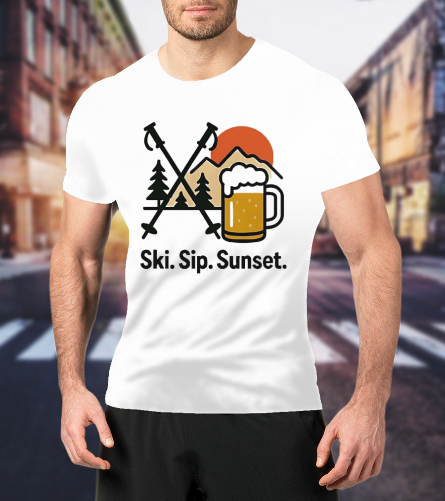 Ski Sip Sunset Mountain Beer Adventure T-Shirt