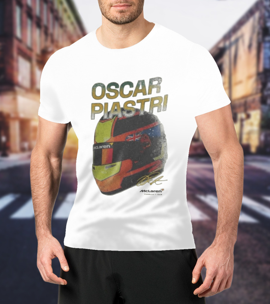 Oscar Piastri McLaren Racing Helmet Flag Signature T-Shirt