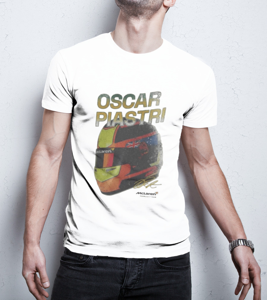 Oscar Piastri McLaren Racing Helmet Flag Signature T-Shirt