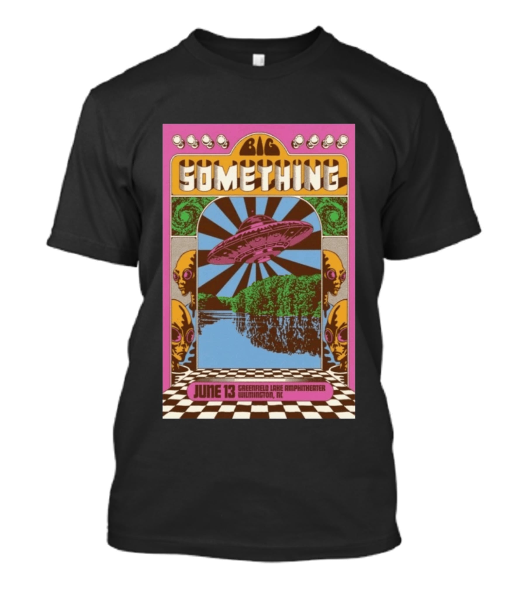 Big Something June 13 Greenfield Lake Amphitheater Wilmington NC Psychedelic With UFO Art And Alien Heads T-Shirt
