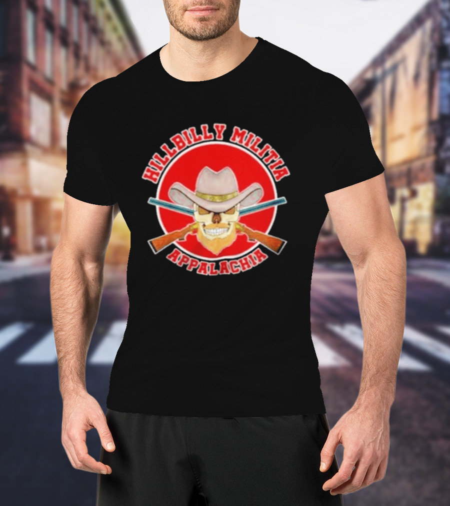 Hillbilly Militia Appalachia Skull Cowboy Hat Rifles Red Circle T-Shirt