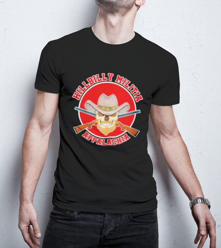Hillbilly Militia Appalachia Skull Cowboy Hat Rifles Red Circle T-Shirt