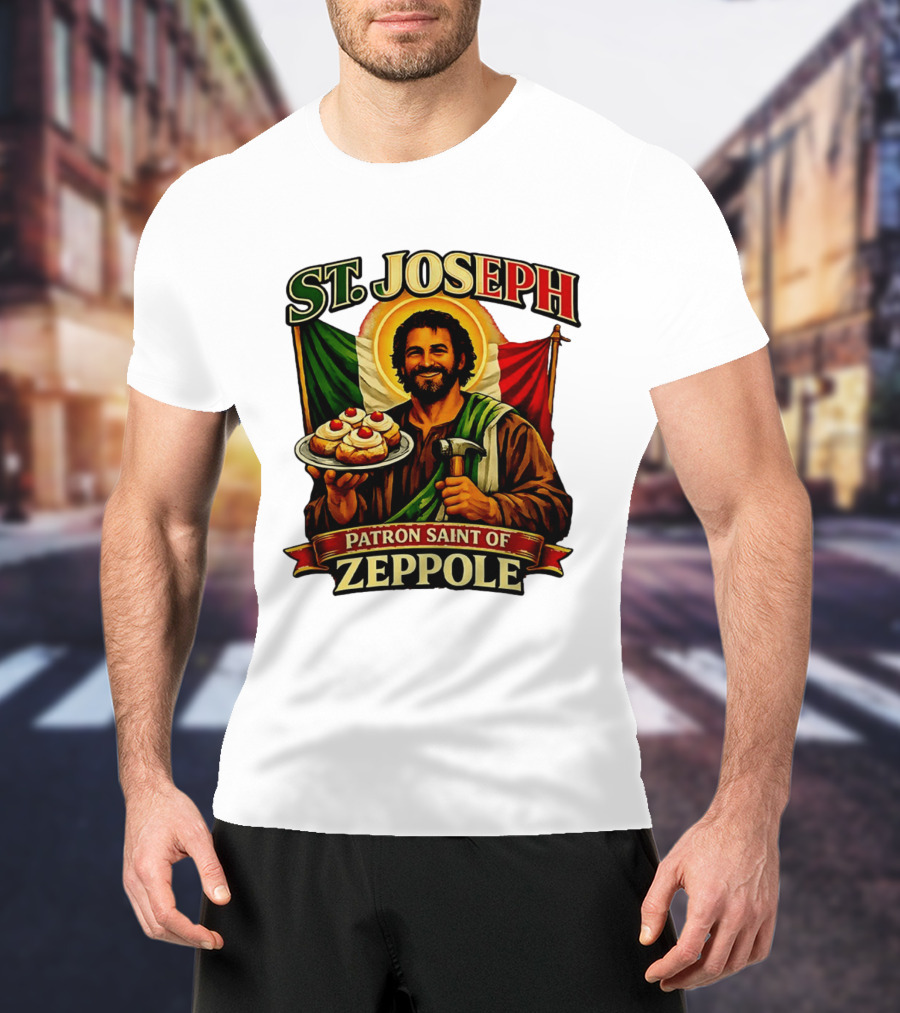 St. Joseph Patron Saint Of Zeppole With Italian Flag Icon And Halo Providing Hammer And Pastries T-Shirt