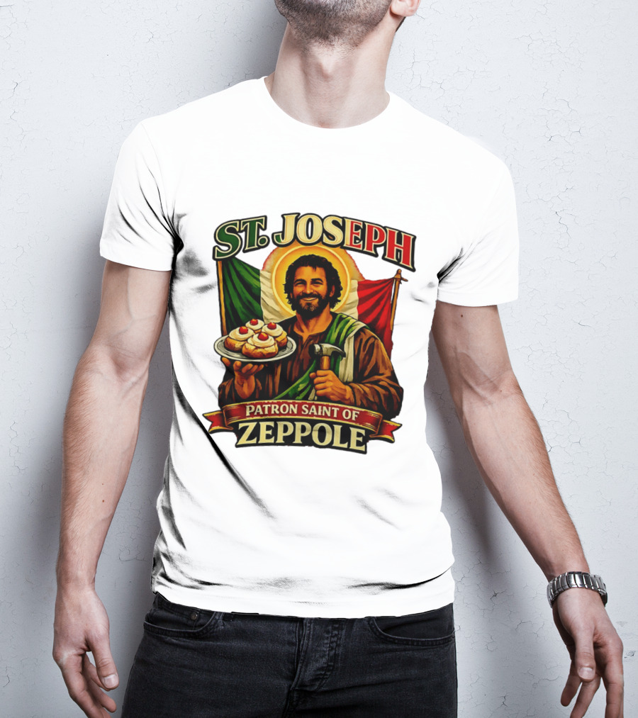 St. Joseph Patron Saint Of Zeppole With Italian Flag Icon And Halo Providing Hammer And Pastries T-Shirt