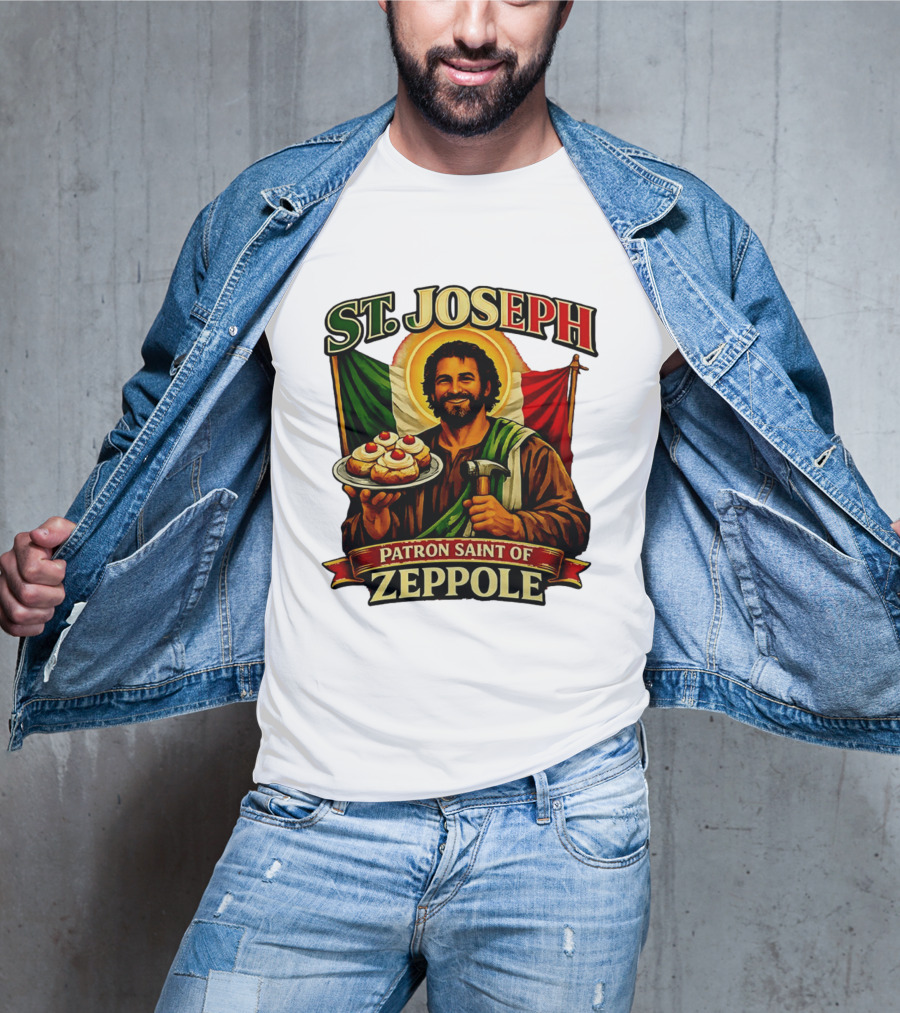 St. Joseph Patron Saint Of Zeppole With Italian Flag Icon And Halo Providing Hammer And Pastries T-Shirt