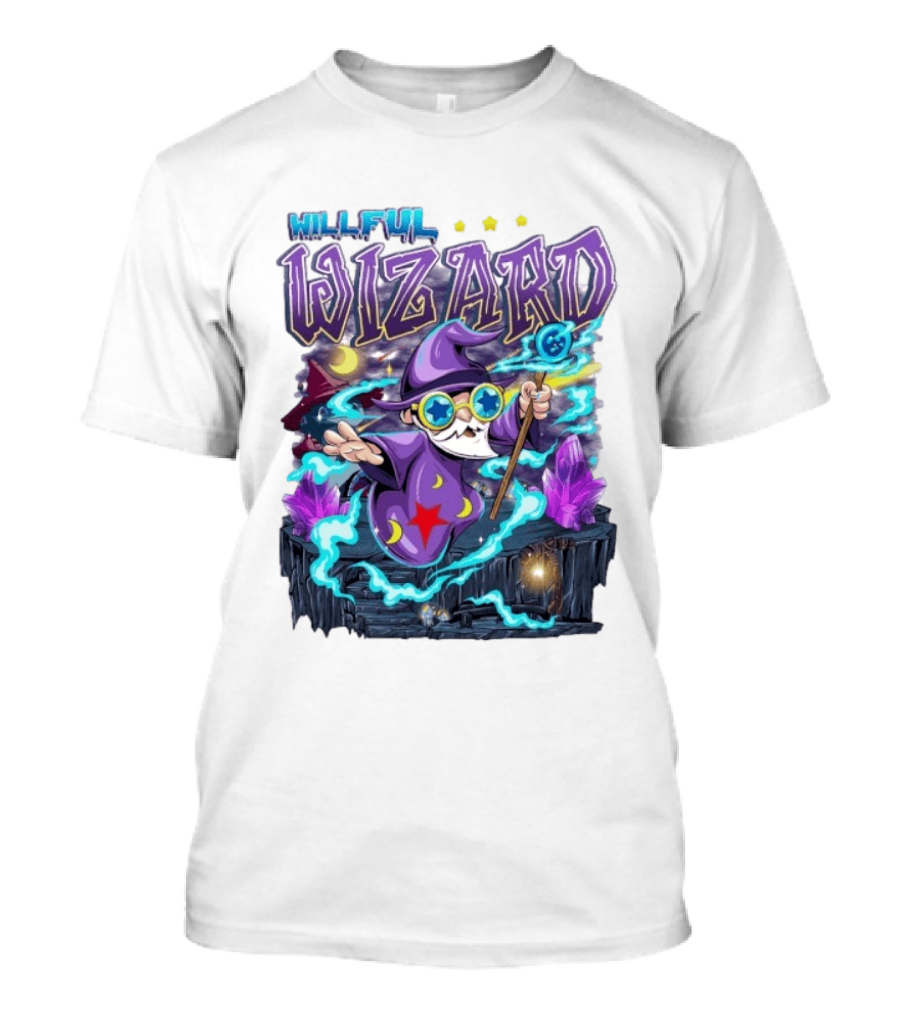 Willful Wizard Magical Adventure With Cosmic Crystals And Crescent Moons T-Shirt