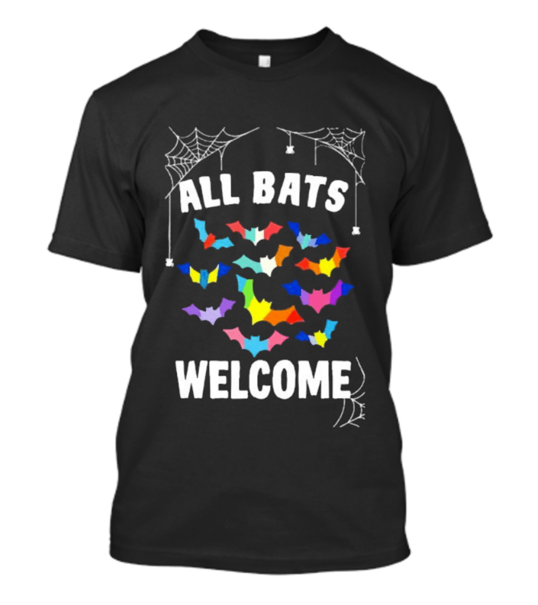 All Bats Welcome Colorful Bats And Spiderwebs T-Shirt