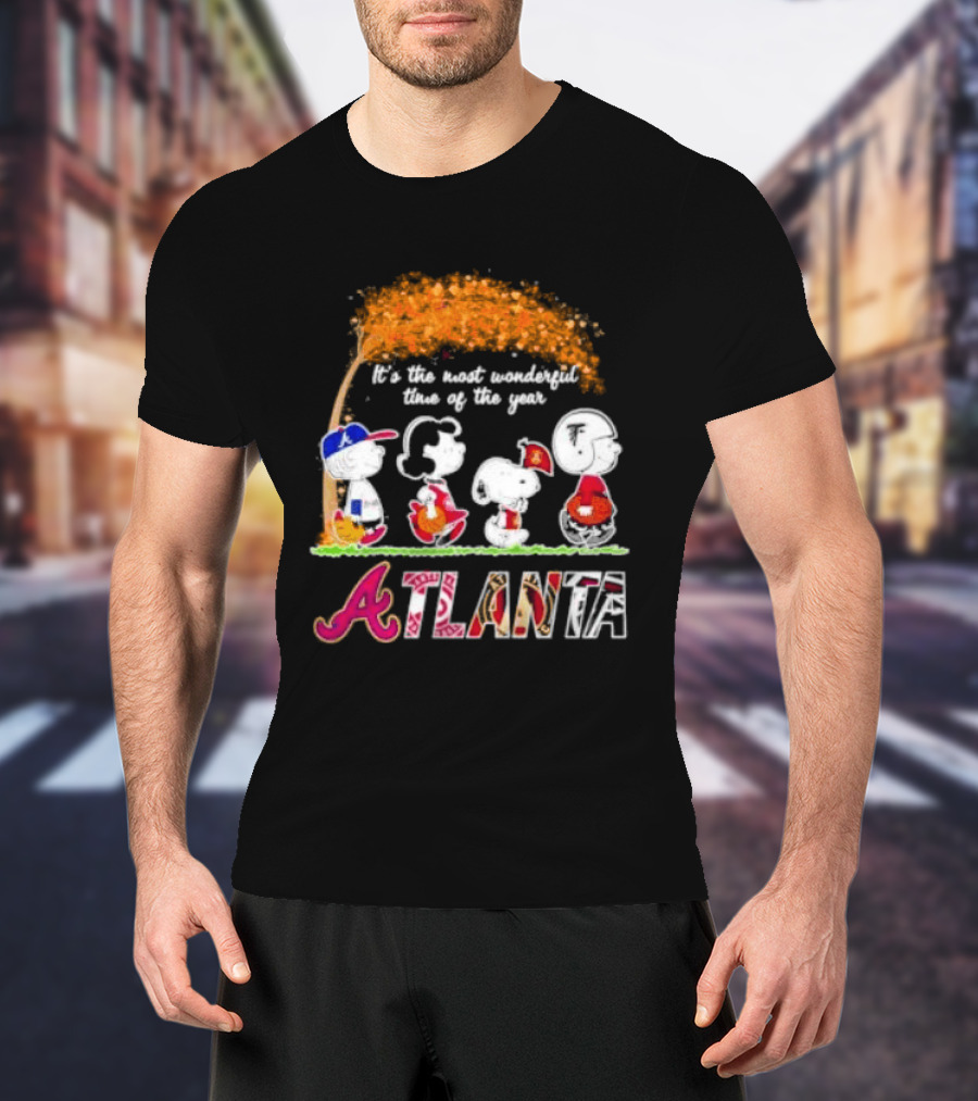 Atlanta Peanuts Characters Autumn Baseball It's The Most Wonderful Time Of The Year T-Shirt