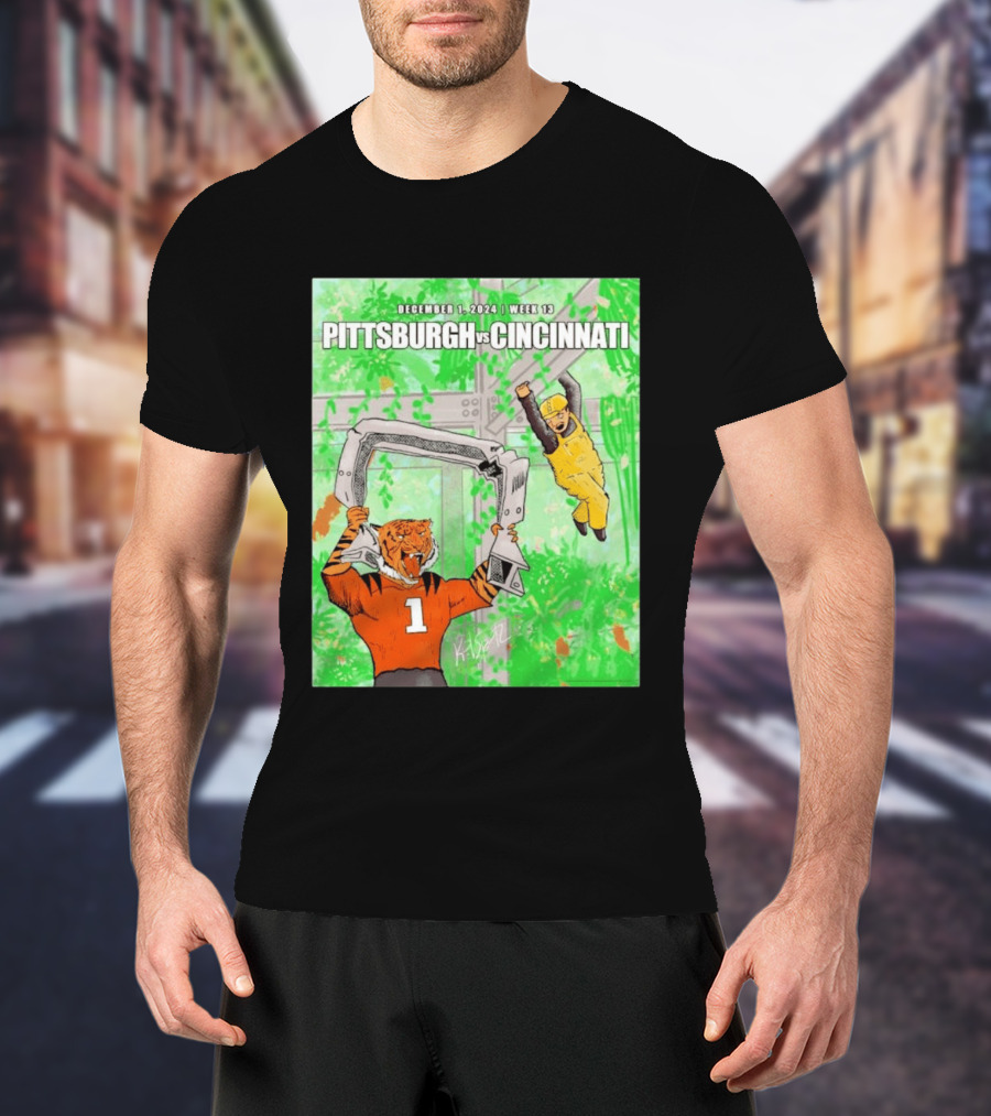 Pittsburgh Steelers Vs Cincinnati Bengals December 1 2024 Week 13 Cartoon Tiger And Construction Worker Jungle Showdown T-Shirt