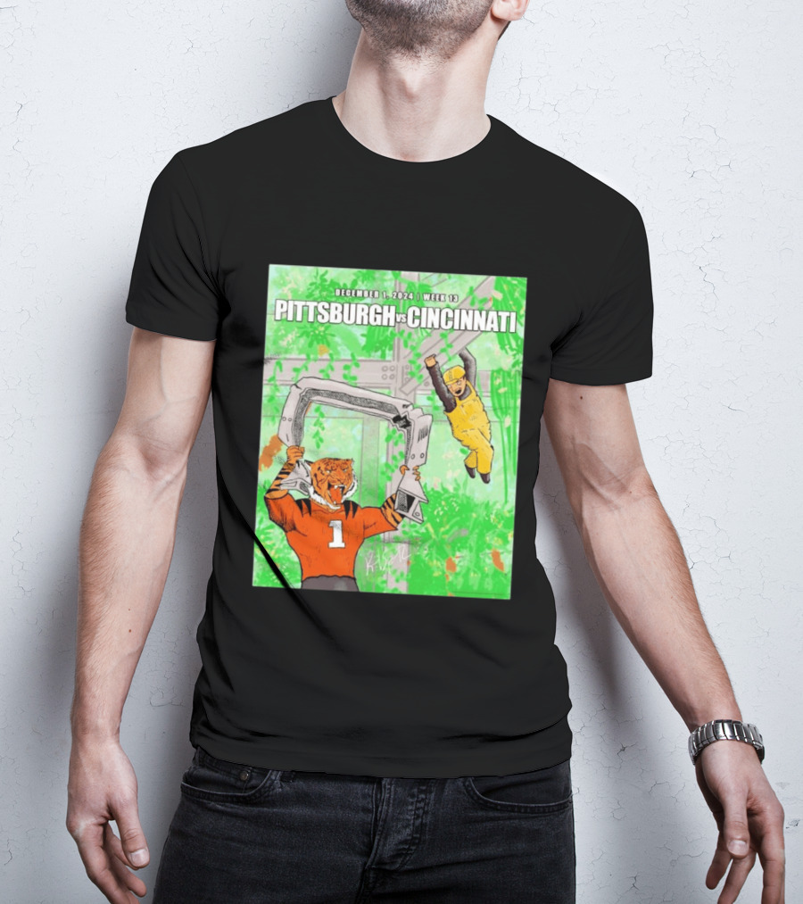Pittsburgh Steelers Vs Cincinnati Bengals December 1 2024 Week 13 Cartoon Tiger And Construction Worker Jungle Showdown T-Shirt