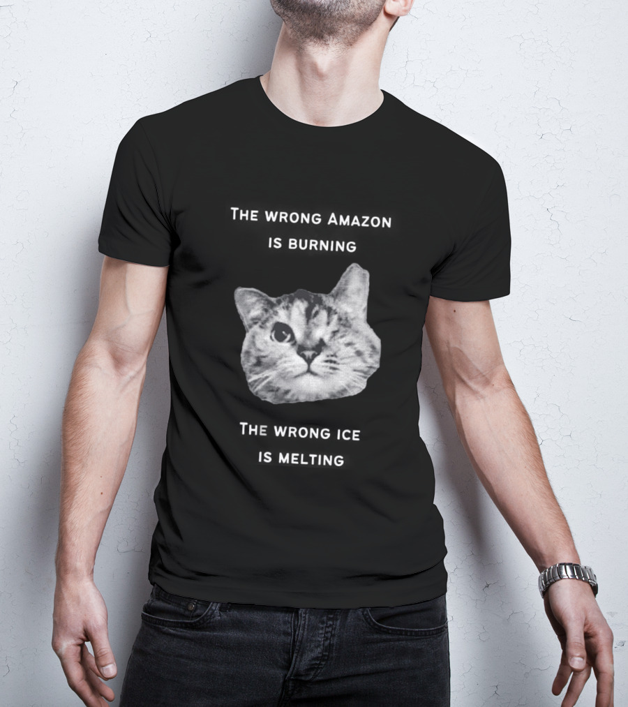 The Wrong Amazon Is Burning The Wrong Ice Is Melting Cat Face T-Shirt