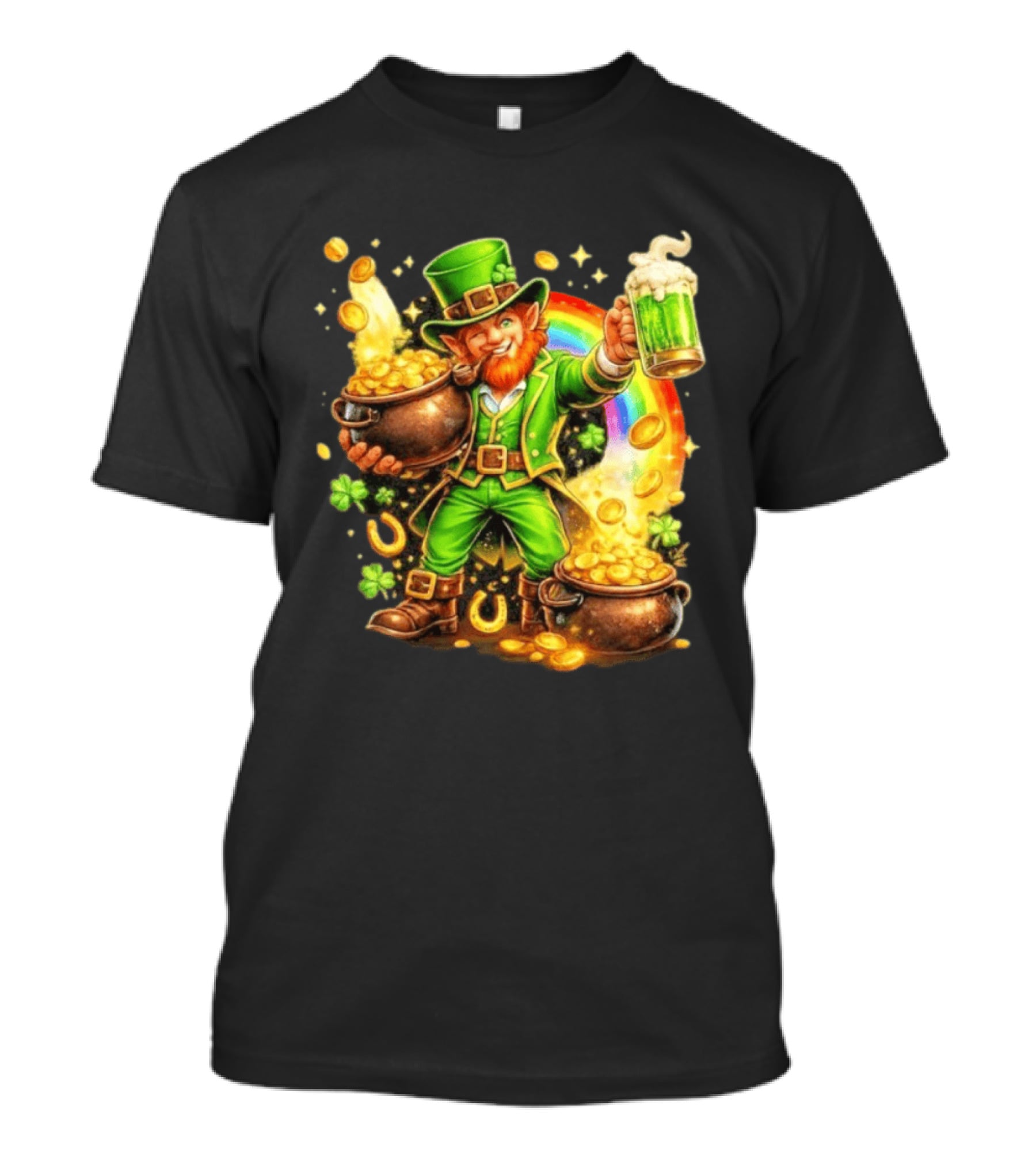 St Patricks Day Irish Leprechaun Cheers With Pot Of Gold And Rainbow Luck T-Shirt