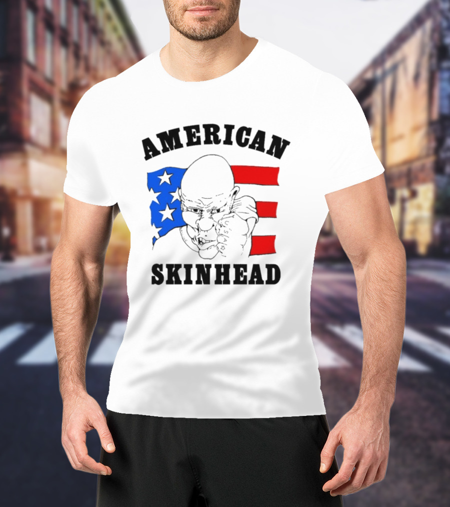 American Skinhead USA Bald Character With Flag Stars And Stripes T-Shirt