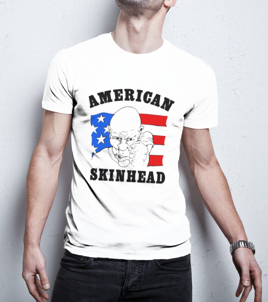 American Skinhead USA Bald Character With Flag Stars And Stripes T-Shirt